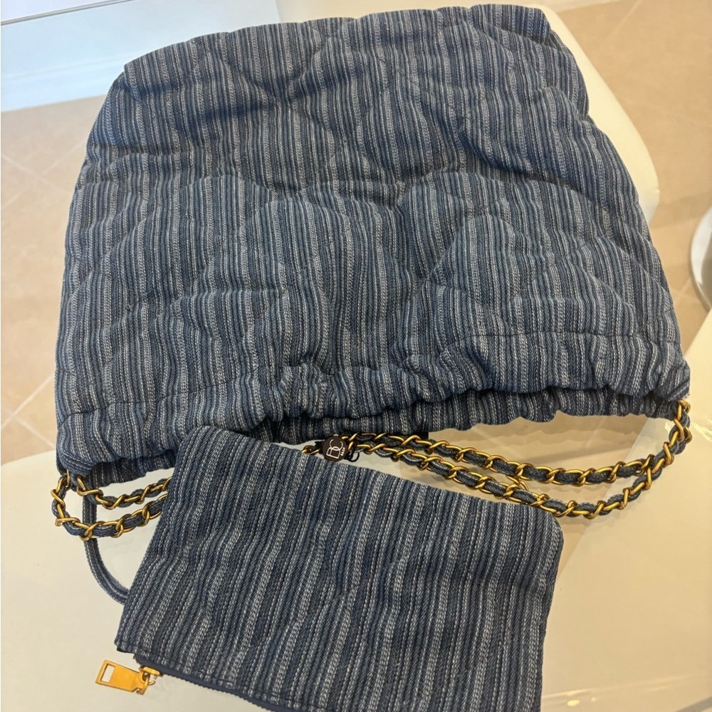 Striped Blue Tote Bag with Chain Strap Denium